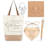 Xuniea 6 Pièces Set Cadeaux Départ Collègue de Travail Sac de Courses Sac Cabas en Coton Lin Cadeau Merci Adieu Retraite Noël Carte de Bois Forme Coeur Stylo à Bille(Bonne Chance)