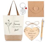 Xuniea 6 Pièces Set Cadeaux Départ Collègue de Travail Sac de Courses Sac Cabas en Coton Lin Cadeau Merci Adieu Retraite Noël Carte de Bois Forme Coeur Stylo à Bille(N’OUBLIE Jamais)