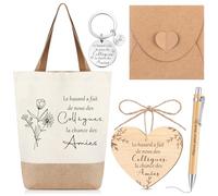 Xuniea 6 Pièces Set Cadeaux Départ Collègue de Travail Sac de Courses Sac Cabas en Coton Lin Cadeau Merci Adieu Retraite Noël Carte de Bois Forme Coeur Stylo à Bille(Le hasard a fait des Collègues)