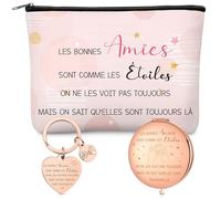 Xuniea Cadeau de Meilleure Amie 1 Trousse de Maquillage 1 Miroir de Voyage et 1 Porte-Clés avec Texte Amies sont Comme les Étoiles Cadeau d'Anniversaire et d'Adieu pour Petite Amie, Sœur, Collègue