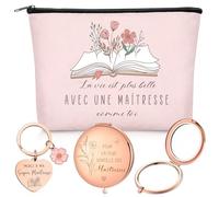 Xuniea Cadeau pour Maitresse d'École Fin d'Année | 1 Trousse de Maquillage, 1 Miroir de Voyage, 1 Porte-Clés avec Texte, Cadeau d'Anniversaire et d'Adieu pour Professeur