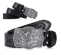 Xuniea Ceinture de CowBoy Occidentale en Cuir Vintage Ceinture à Boucle Gravée Florale, 3,8 cm de Largeur (Noir, 110 cm)