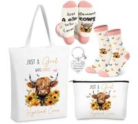 Xuniea Lot de 4 sacs de maquillage avec motif vache Highland pour femme, amoureux des vaches, juste une fille qui aime les vaches des Highlands, sac à main, porte-clés, chaussettes pour Noël, sœur