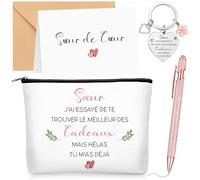 Xuniea Lot de 5 Cadeaux pour Amis Sœur Trousse de Maquillage Cadeau Amitié Femme avec Texte Porte-Clés Gravé Cartes de Vœux et Enveloppes Bille Rose Cadeau Anniversaire Sœur
