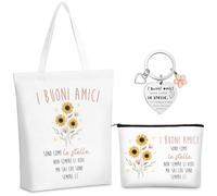 Xuniea Set de 3 Cadeaux de Noël pour Collègues 1 Porte-Clés avec Phrases 1 Trousse de Toilette pour Amis 1 Sac Fourre-Tout en Toile Trousse de Maquillage pour Femmes Anniversaire Adieu (Buoni Amici)