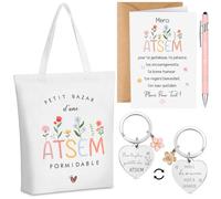 Xuniea Set de 5 Cadeau Fin d'Année Cadeau Merci Maitresse Sac Fourre-Tout Porte Clé Stylo Carte de Remerciement avec Enveloppe pour Merci Atsem Maitre Maîtresse Maternelle Professeur