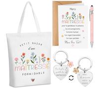 Xuniea Set de 5 Cadeaux pour Merci Maîtresse et Atsem Cadeau Fin d'Année Maîtresse et Atsem Sac Fourre-Tout Porte Clé Stylo Carte de Remerciement avec Enveloppe Cadeau d'Adieu à l'École Maternelle