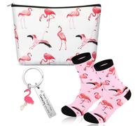 Xuniea Set de Cadeau Inspirant de 3 Pièces pour Femme Trousse à Cosmétiques Porte-Clés et Chaussettes Cadeau de Remerciement sur Thème des Animaux pour Personnel Noël Anniversaire (Style Flamant)