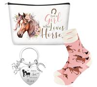 Xuniea Set de Cadeau Inspirant de 3 Pièces pour Femme Trousse à Cosmétiques Porte-Clés et Chaussettes Cadeau de Remerciement sur Thème des Animaux pour Personnel Noël Anniversaire (Style Cheval)