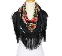 Xuniu Foulards carrés, Femmes Carré Écharpe Châle en Coton À Long Gland Franges Imprimé Floral Hiver Noir