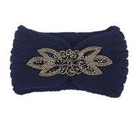 Xuniu Serre-tête tricoté à Paillettes pour Femmes, Cache-Oreilles Fleuri avec Fleur Strass et Marine, Large