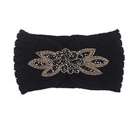 Xuniu Serre-tête tricoté à Paillettes pour Femmes, Serre-tête Large avec Fleur Strass perlé Cache-tête Large Noir