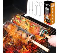 XUNIVERS Ensemble de paniers de grillage enroulable emboîtables avec poignée en bois (2 pièces), panier de grillage enroulable, accessoires de barbecue pour grill extérieur pour légumes,poisson