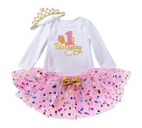 xuntao Enfant Bébés Filles C'est Mon 1er Anniversaire Robe Princesse Manche Longue Barboteuse + Jupe Tutu à Pois + Bandeau 1 an Fête Vêtements Tenue 1 an Rose Vif - Mon 1er Anniversaire