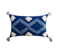 XUNXI Taie d'oreiller, 30x50cm Boho taie d'oreiller Lombaire Blanc Bleu géométrique tufté Gland Housse de Coussin B