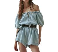 XUSAI Barboteuse d'été en Denim pour Femmes, légère, Couleur Unie, Manches Courtes, Coupe Ample, Combinaison Courte en Denim avec Poches,Light Blue,M