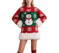 XUSAI Blanc,S,Robe Pull de noël pour Femmes, en Peluche, Patchwork, Manches Longues, Pull en Tricot, Robe mi-Longue