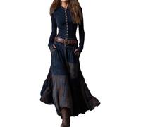 XUSAI Bleu,L,Robe Maxi Western Vintage pour Femmes, Automne décontracté, Manches Longues, col Montant, Slim, Longue, Carreaux, Patchwork, Robe en Daim