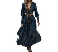 XUSAI Bleu,M,Robe Maxi Western Vintage pour Femme Automne décontractée Ample Manches Longues col en V Robe Fluide Country Robe Longue Fleurie