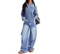XUSAI Bleu,S,Combinaison en Denim à Manches Longues pour Femmes, Tendance, Coupe Extensible, Cargo, vêtements de Travail, Jambe Droite, Longue Barboteuse