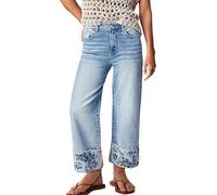 XUSAI Bleu,XXL,Jean Droit Tendance pour Femme, Taille mi-Haute, Stretch, Coupe Courte, Broderie Florale, Pantalon Court en Denim