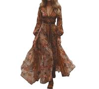 XUSAI Caramel,XL,Robe Longue Sexy À Col en V Et Manches Longues pour Femmes Robe Longue en Mousseline De Soie Vintage Western Country Robe Décontractée d'automne