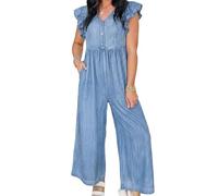 XUSAI Combinaison en Denim Coupe Ample pour Femmes, Couleur Unie, légère, Manches à Volants, col en v, Jambes Larges, Barboteuse, Pantalon Long,Bleu,XL