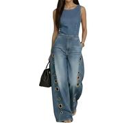 XUSAI Combinaison en Denim Coupe Ample pour Femmes, sans Manches, Taille Haute, Design à œillets Creux, Jambes Larges, Barboteuse Longue,Light Blue,M