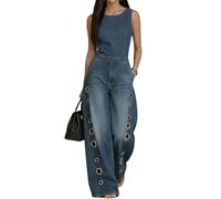 XUSAI Combinaison en Denim Coupe Ample pour Femmes, sans Manches, Taille Haute, Design à œillets Creux, Jambes Larges, Barboteuse Longue,Dark Blue,XL