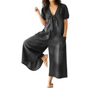 XUSAI Combinaison en Denim légère de Couleur Unie pour Femmes, été décontractée, col en v, Manches Courtes, Coupe Ample, Jambes Larges, Barboteuse, Pantalon Long,Noir,M