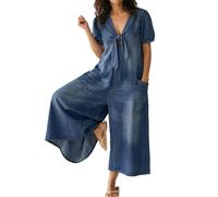 XUSAI Combinaison en Denim légère de Couleur Unie pour Femmes, été décontractée, col en v, Manches Courtes, Coupe Ample, Jambes Larges, Barboteuse, Pantalon Long,Dark Blue,XL