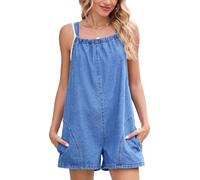 XUSAI Combinaison en Denim légère de Couleur Unie pour Femmes, Short d'été décontracté, Coupe Ample, Jambes Larges, Barboteuse en Denim avec Poches,Dark Blue,XL