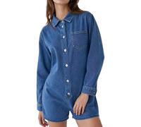 XUSAI Combinaison en Jean à Manches Longues pour Femmes, Tendance, Simple, Coupe Ample, Barboteuse Courte en Jean,Dark Blue,S