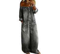 XUSAI Combinaison en Jean Coupe Ample pour Femme, Sexy, épaules dénudées, Manches Longues, Boutons, Jambes Larges, Barboteuse Longue en Jean,Gris,XXL