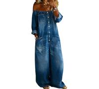 XUSAI Combinaison en Jean Coupe Ample pour Femme, Sexy, épaules dénudées, Manches Longues, Boutons, Jambes Larges, Barboteuse Longue en Jean,Dark Blue,M