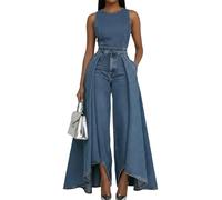 XUSAI Combinaison en Jean élégante sans Manches pour Femmes, Coupe Ample décontractée, Patchwork, Longues Jambes Larges, Barboteuse en Jean avec Poches,Dark Blue,XL