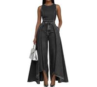 XUSAI Combinaison en Jean élégante sans Manches pour Femmes, Coupe Ample décontractée, Patchwork, Longues Jambes Larges, Barboteuse en Jean avec Poches,Noir,XL