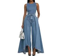 XUSAI Combinaison en Jean élégante sans Manches pour Femmes, Coupe Ample décontractée, Patchwork, Longues Jambes Larges, Barboteuse en Jean avec Poches,Light Blue,S