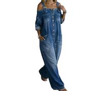 XUSAI Combinaison en Jean pour Femmes, Manches Longues, Sexy, épaules dénudées, Coupe Ample, Jambes Larges, Barboteuse Longue,Bleu,M