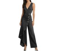 XUSAI Combinaison en Jean Sexy pour Femmes, col en v, sans Manches, Coupe cintrée, Business décontracté, dresy, Combinaison en Jean, Patchwork, Design Portefeuille,Noir,L