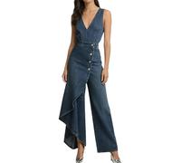 XUSAI Combinaison en Jean Sexy pour Femmes, col en v, sans Manches, Coupe cintrée, Business décontracté, dresy, Combinaison en Jean, Patchwork, Design Portefeuille,Dark Blue,XL