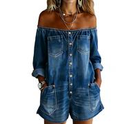 XUSAI Combinaison en Jean Short pour Femmes, Manches Longues, épaules dénudées, Coupe Ample, Barboteuse Courte, Tenue de Sortie en Denim,Dark Blue,XL