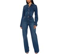 XUSAI Dark Blue,M,Combinaison en Denim à Manches Longues pour Femmes, Combinaison en Jean Slim Extensible Vintage, Barboteuse à Jambes Longues et Larges