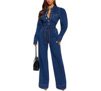 XUSAI Dark Blue,M,Combinaison en Jean à Manches Longues pour Femmes, Tendance, élégante, Extensible, Slim, Longue, Jambe Droite, Barboteuse avec Ceinture