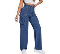 XUSAI Dark Blue,M,Jean Cargo Baggy pour Femme, Pantalon en Denim Extensible Taille Haute Tendance à Jambes Larges