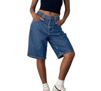 XUSAI Dark Blue,M,Short en Jean Baggy Vieilli pour Femme, Taille Basse, Bermuda Extensible, Long, Décontracté, en Denim, Été