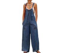 XUSAI Dark Blue,S,Salopette en Jean Ample décontractée pour Femme, sans Manches, Bretelles réglables, Combinaison Large, Barboteuse Longue