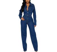 XUSAI Dark Blue,XL,Combinaison en Jean pour Femmes, Manches Longues, élégante, Extensible, Coupe cintrée, évasée, Barboteuse à Jambes Longues et Larges