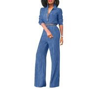 XUSAI Femmes léger Couleur Unie élégant Denim Combinaison Vintage lâche Revers Manches Longues Fermeture éclair Jean Barboteuses Combishort,Light Blue,L