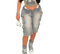 XUSAI Gris,XXL,Short Cargo Ample en Jean pour Femme, décontracté, Taille mi-Haute, Coupe Droite, Style Bermuda